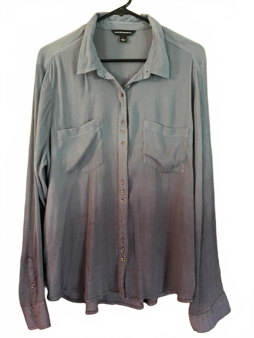 Rock & Republic Long Dolman Sleeve Gray Ombré Button Up Blouse Sz XL Hi/Low Hem